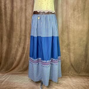 Vintage Patchwork Skirt 80s Maxi Gingham Checkered Ruffled Trim High Rise Folk
